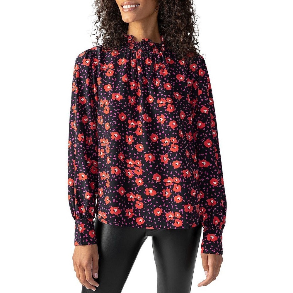 Sanctuary Women's Grunge Girl Floral Smocked Neck Puff‎ Sleeve Blouse Black XS